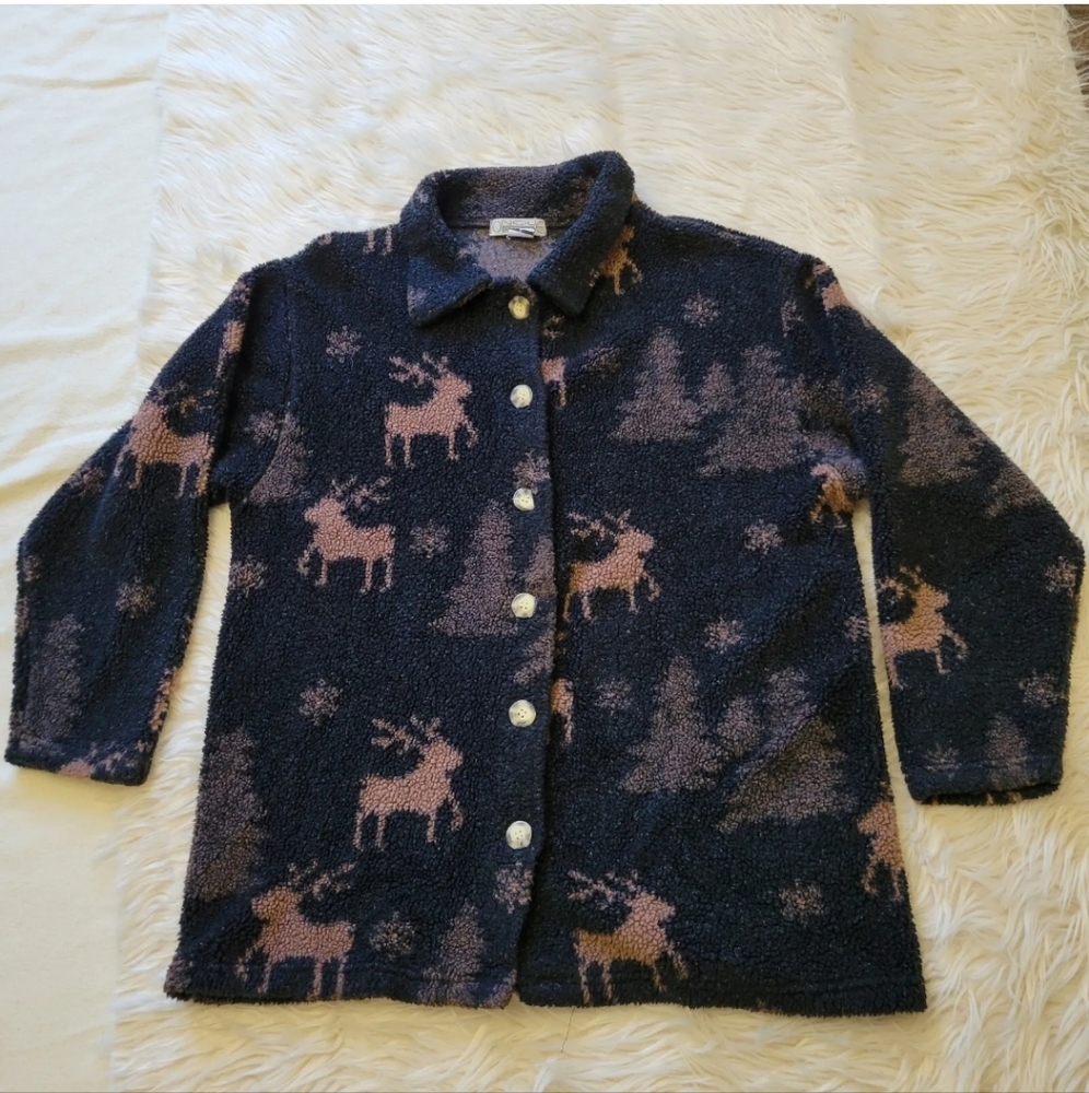 Onque Casuals L Button Up Jacket Sherpa Shirt Top Christmas Tree Reindeer Black